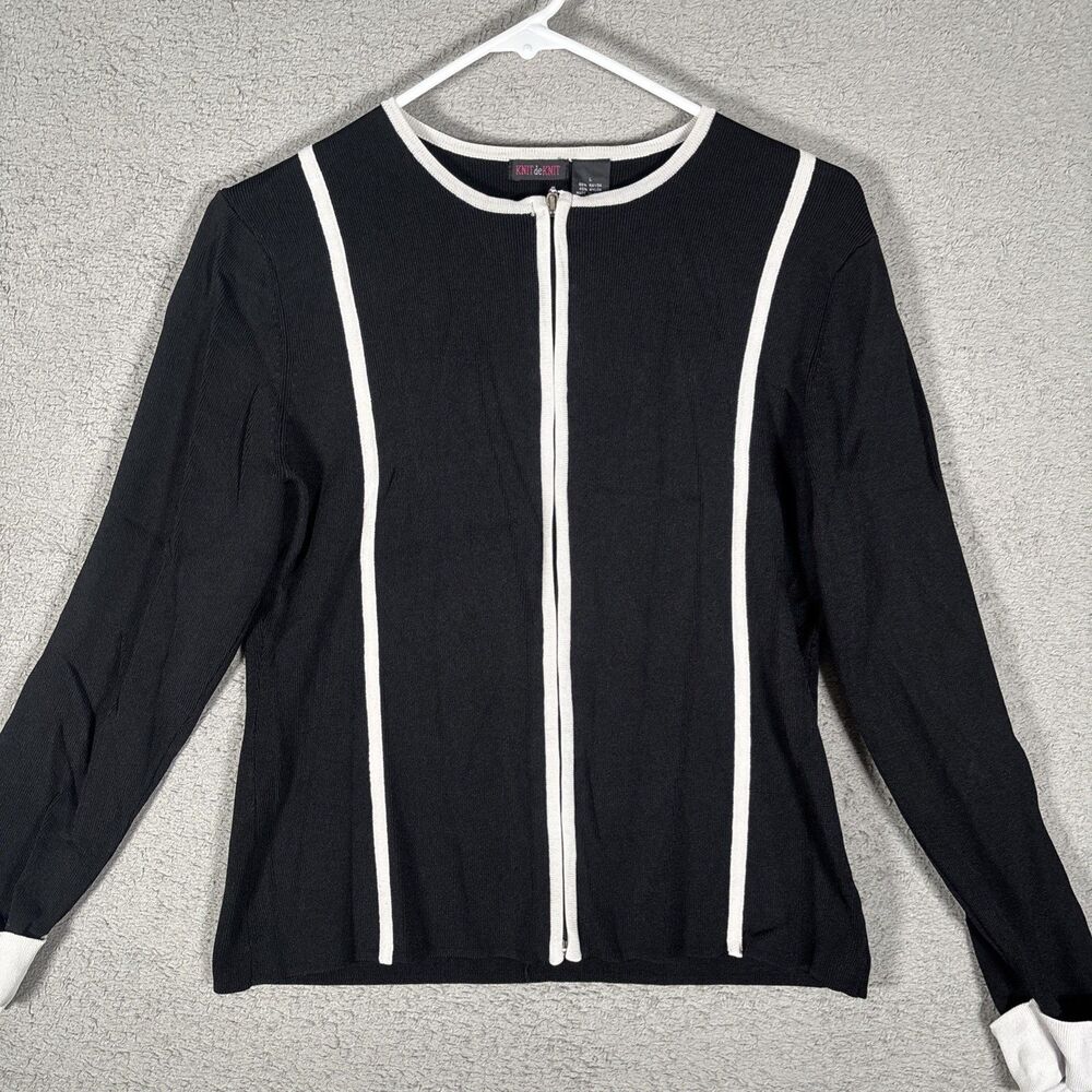 Knit De Knit Full Zip Knit Jacket Women’s Size L Black White Mod Gogo Collarless